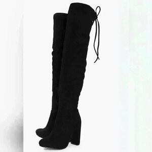 Boohoo Rebecca Block Heel Over The Knee Black Faux Suede Thigh High Boots Boot
